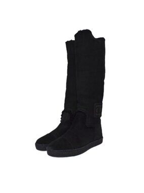 Chanel Long Boots Mouton Inner Shearling Coco Mark 36.5 Black Aa